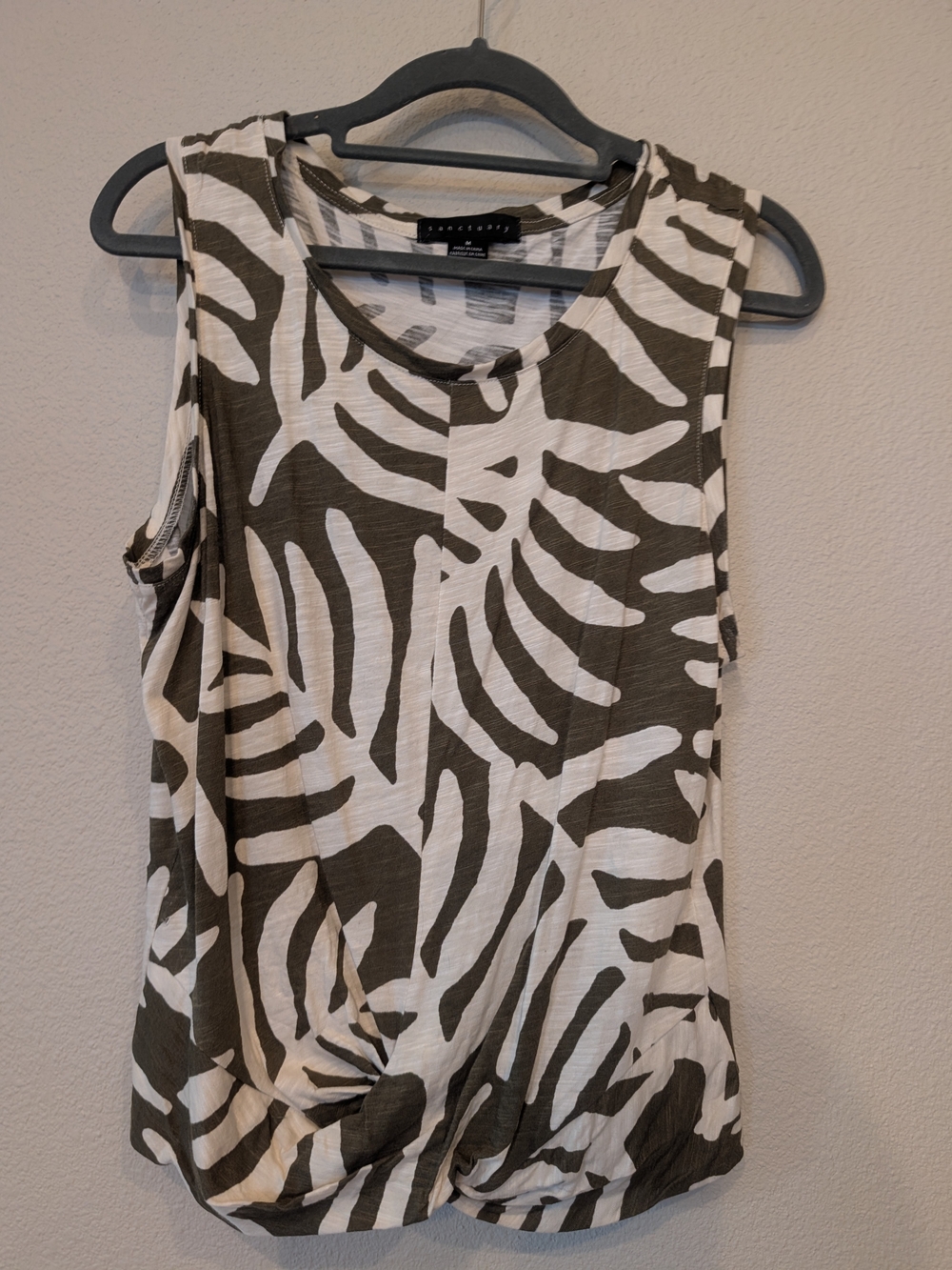 Sanctuary Palm Print Front Twist Muscle Tank Top Olive Green - Size M